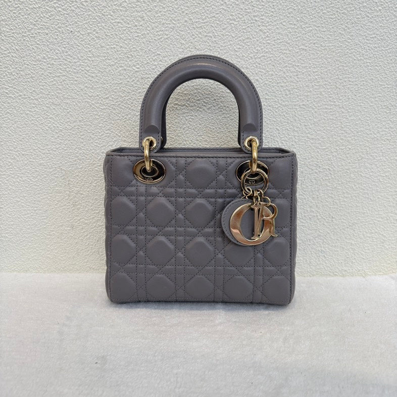 Dior Lady Dior Mini Gray Leather Shoulder Bag with Original Card