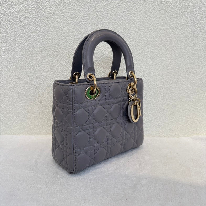 Dior Lady Dior Mini Gray Leather Shoulder Bag with Original Card