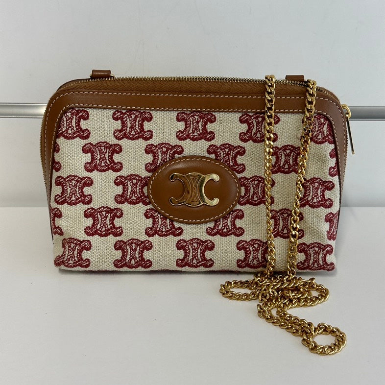 Celine Chain Canvas Bag 3340 in Red and Brown Monogram Stylish Shoulder Bag