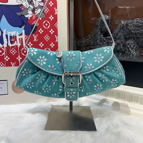 Celine Vintage Floral Hobo Bag in Turquoise Canvas