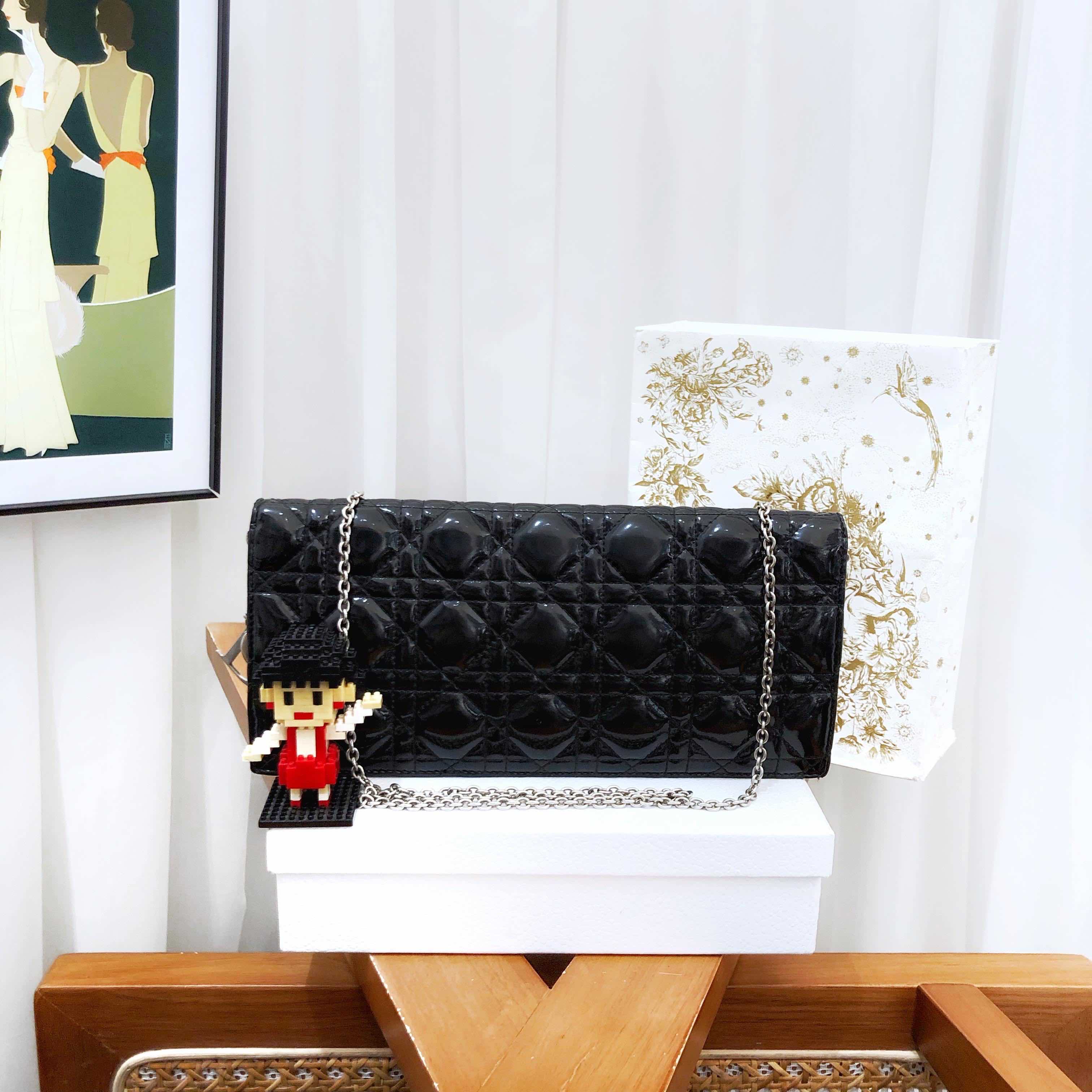 Dior Lady Dior Wallet on Chain Black Patent Leather Clutch
