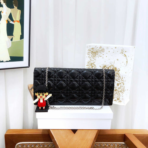 Dior Lady Dior Wallet on Chain Black Patent Leather Clutch