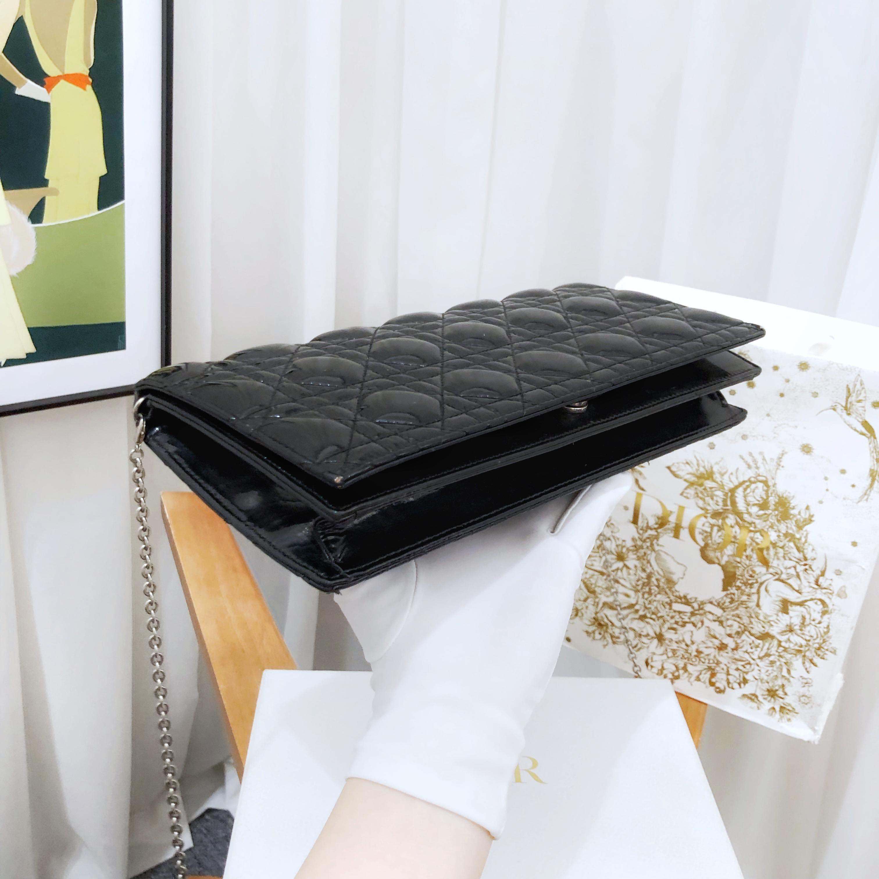 Dior Lady Dior Wallet on Chain Black Patent Leather Clutch