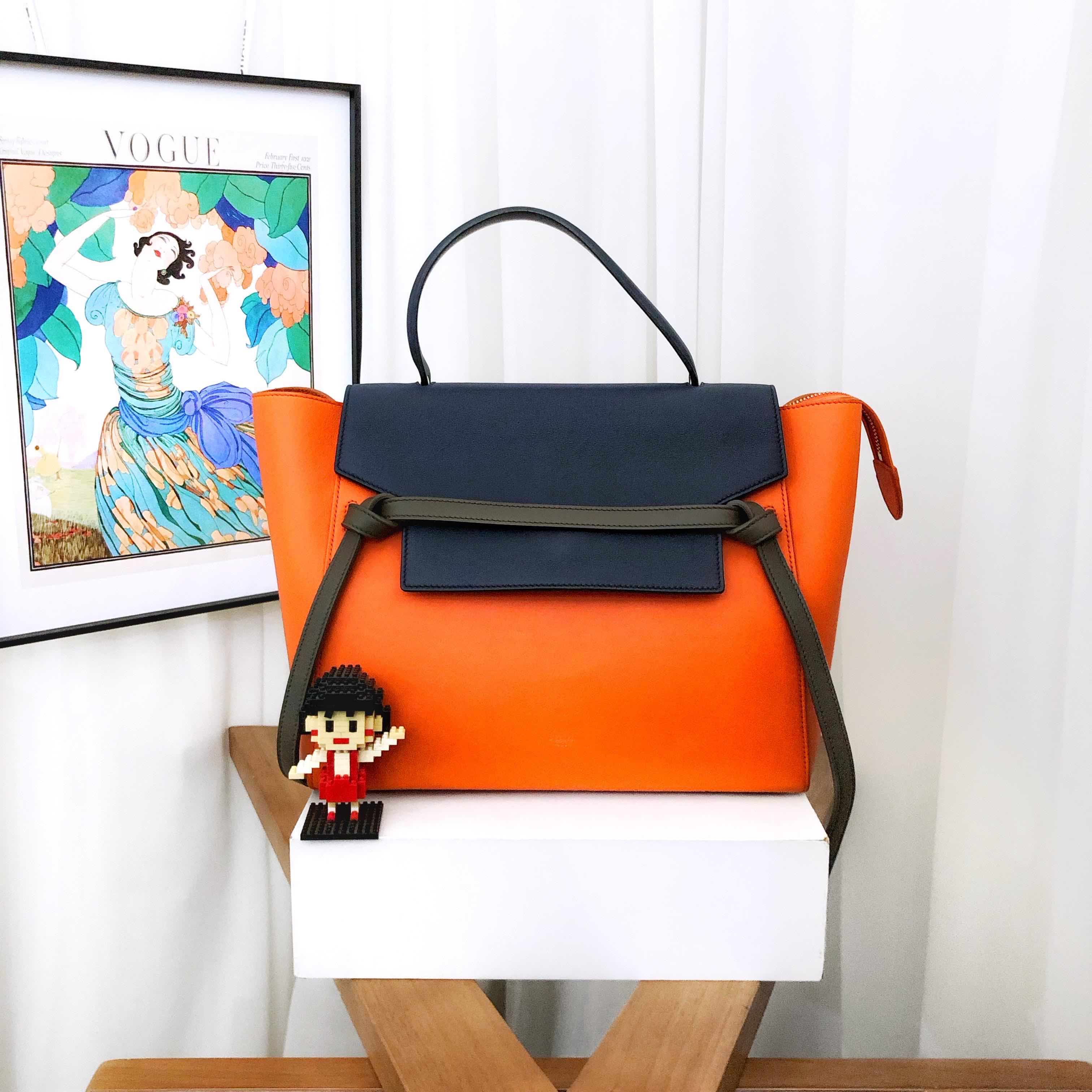 Celine Belt Micro Tote Bag in Orange and Navy Leather