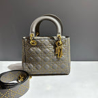 Dior Lady Dior Medium Grey Leather Top Handle Bag