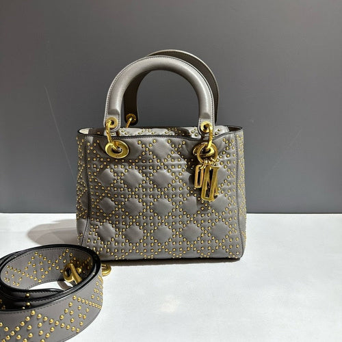 Dior Lady Dior Medium Grey Leather Top Handle Bag