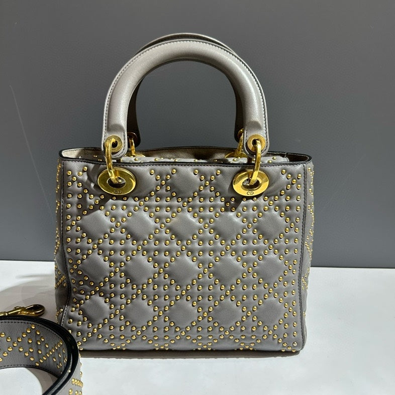 Dior Lady Dior Medium Grey Leather Top Handle Bag