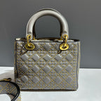 Dior Lady Dior Medium Grey Leather Top Handle Bag