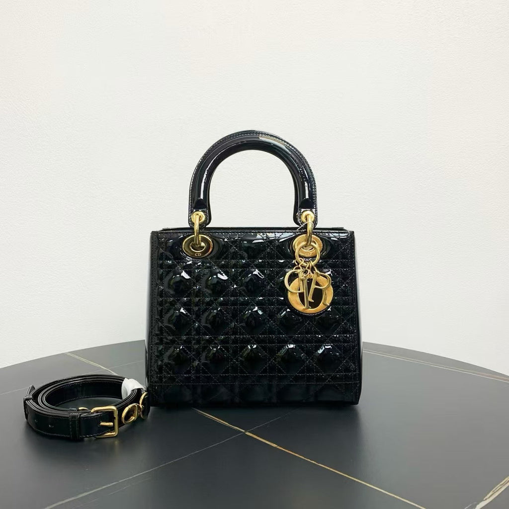 Dior Lady Bag Black Patent Leather Top Handle Bag