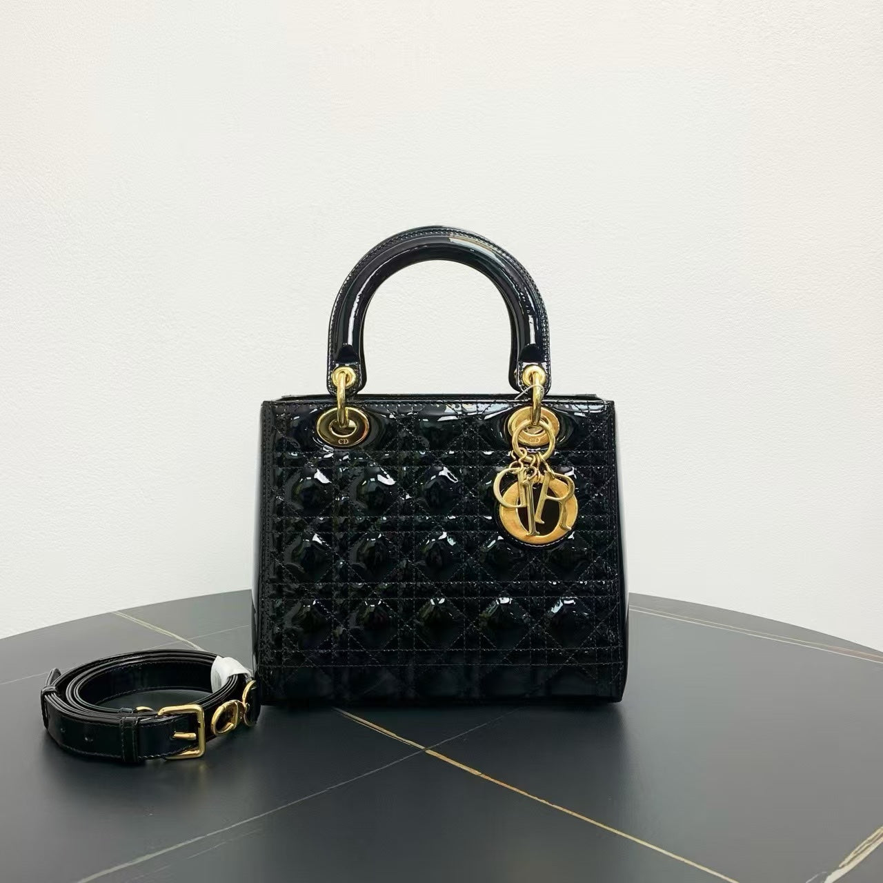 Dior Lady Bag Black Patent Leather Top Handle Bag