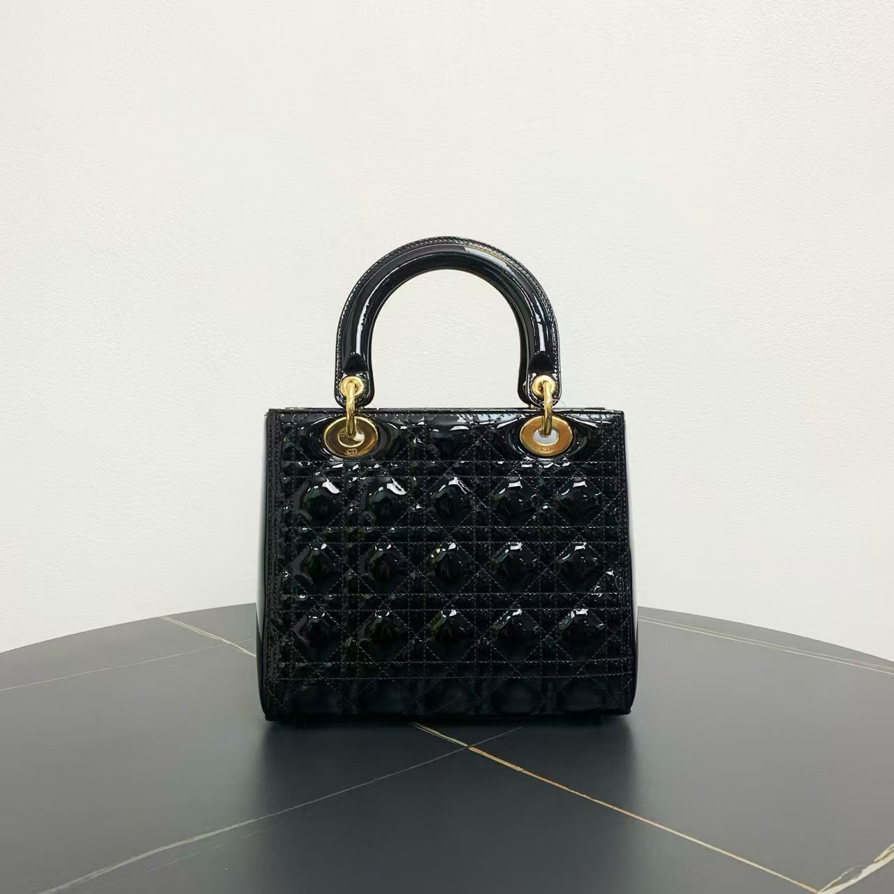 Dior Lady Bag Black Patent Leather Top Handle Bag