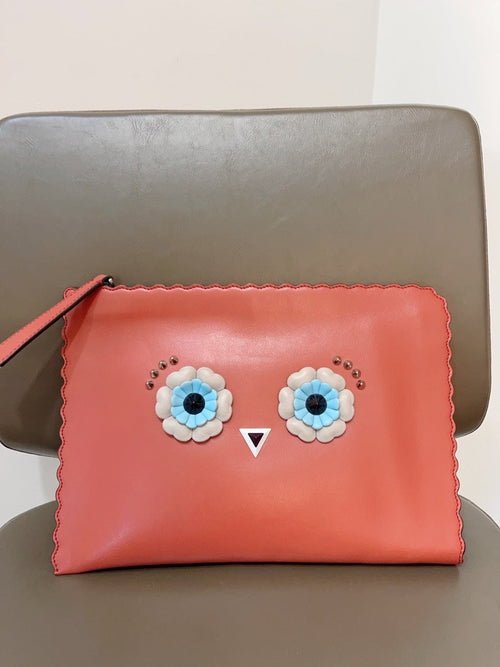 Fendi Monster Clutch Coral Leather Clutch