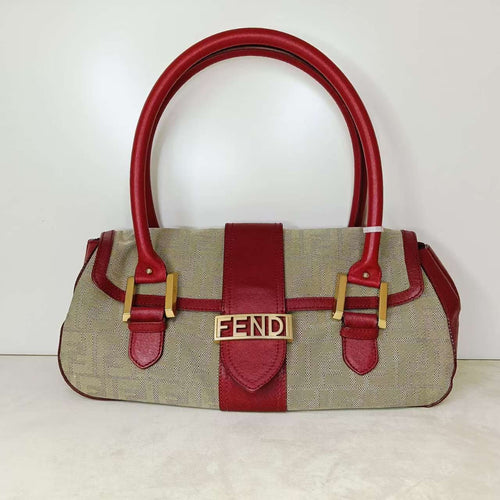 Fendi Vintage Tote Bag Beige Red Leather Canvas Handbag