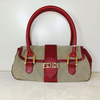 Fendi Vintage Tote Bag Beige Red Leather Canvas Handbag