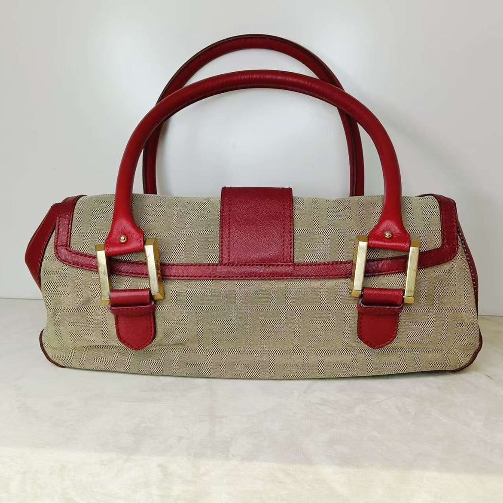 Fendi Vintage Tote Bag Beige Red Leather Canvas Handbag