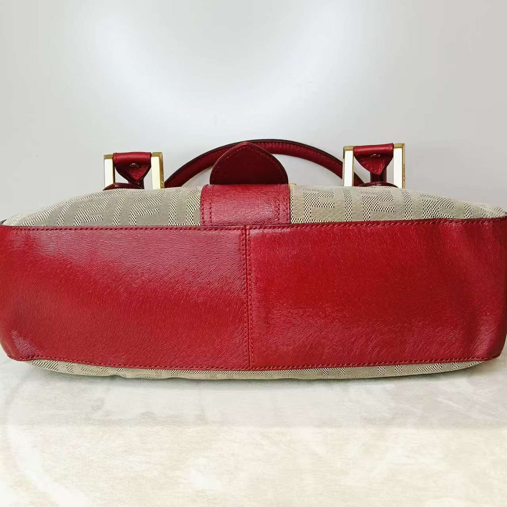 Fendi Vintage Tote Bag Beige Red Leather Canvas Handbag