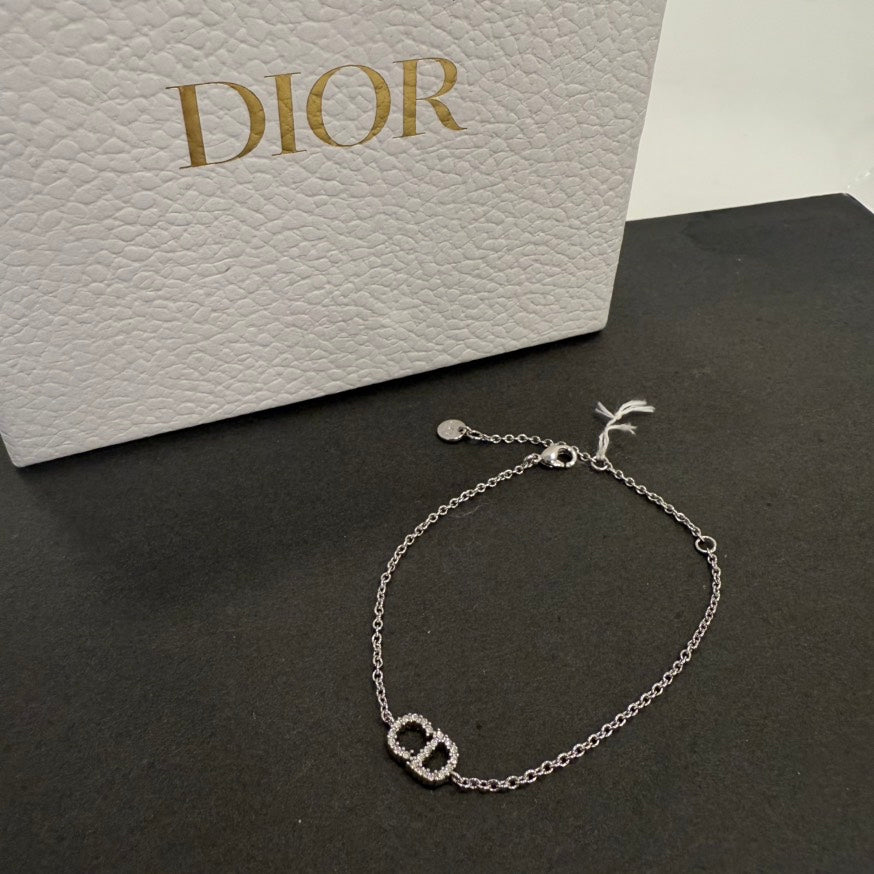 Christian Dior CD Rhinestone Bracelet Silver Chain 15-17.5cm