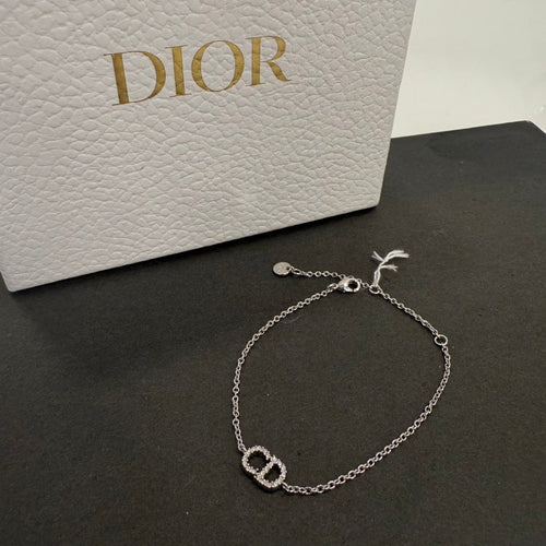 Christian Dior CD Rhinestone Bracelet Silver Chain 15-17.5cm