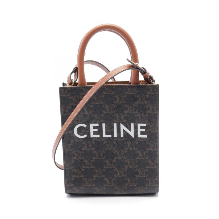 CELINE Mini Vertical Cabas Triomphe Handbag Black Brown 2WAY PVC Leather