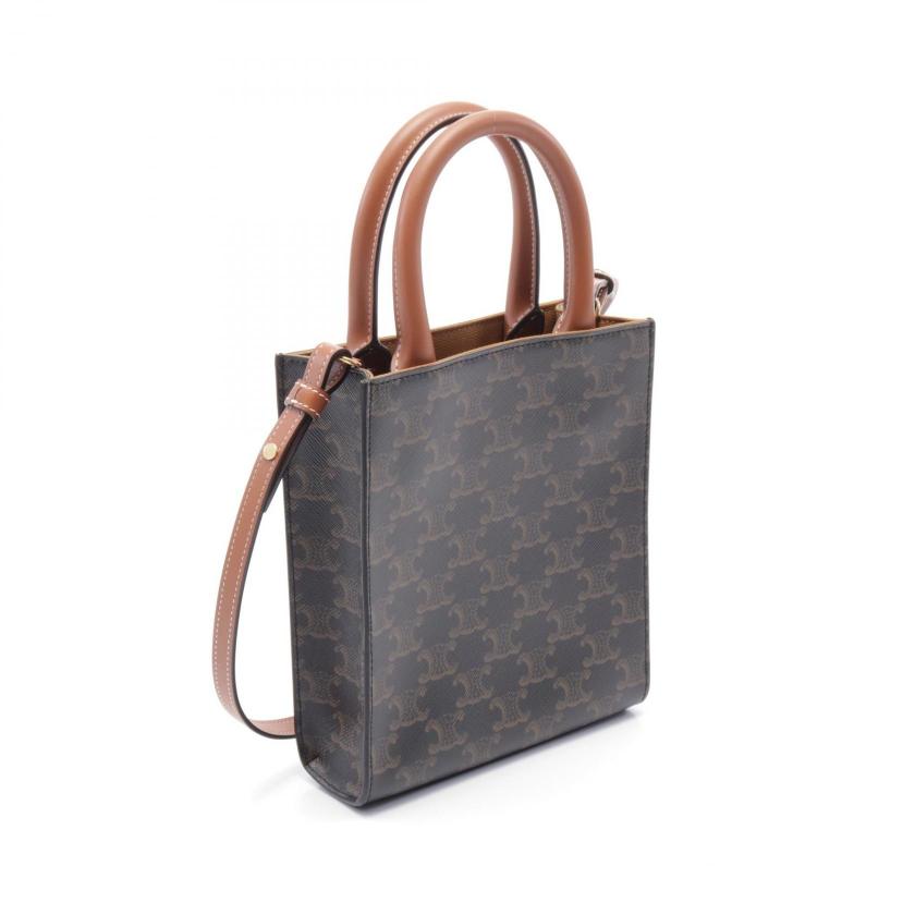 CELINE Mini Vertical Cabas Triomphe Handbag Black Brown 2WAY PVC Leather