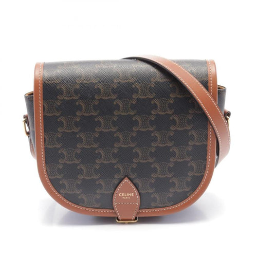 CELINE Falco Medium Triomphe Shoulder Bag PVC Leather Dark Gray Brown