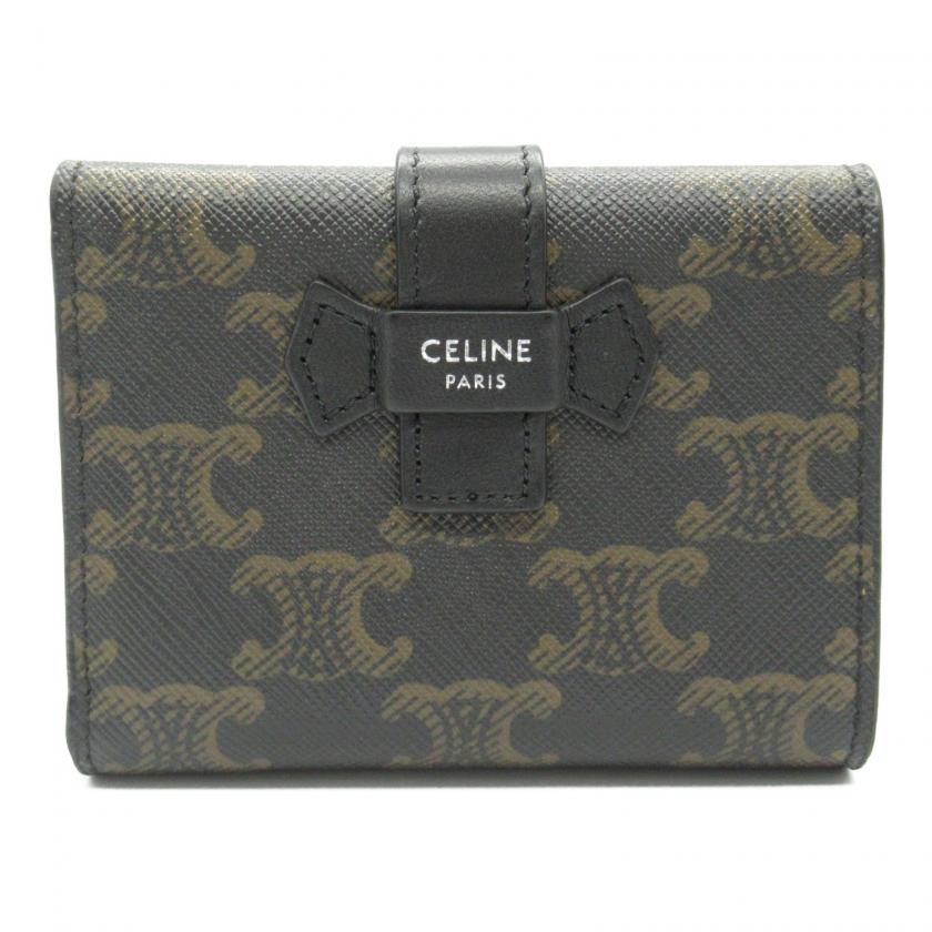 Celine Triomphe Trifold Wallet Black PVC Coated Canvas Leather