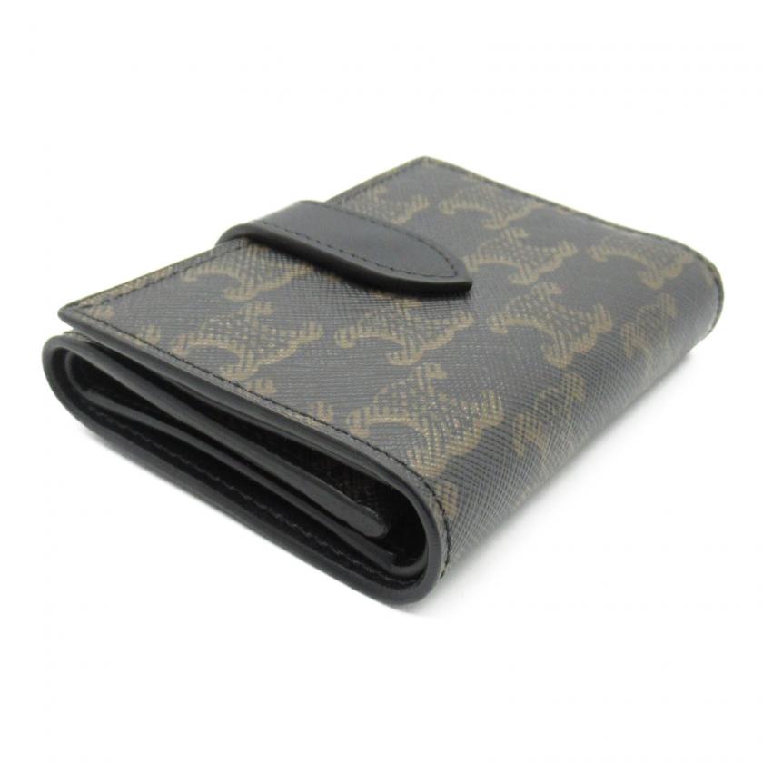 Celine Triomphe Trifold Wallet Black PVC Coated Canvas Leather