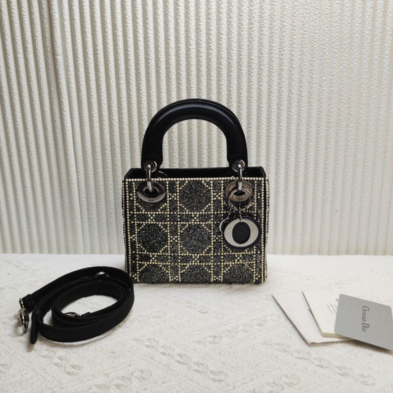 Dior Lady Dior Black Woven Wool Mini Shoulder Bag
