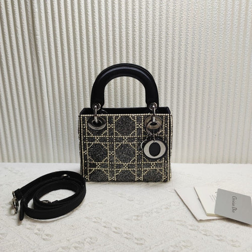 Dior Lady Dior Black Woven Wool Mini Shoulder Bag
