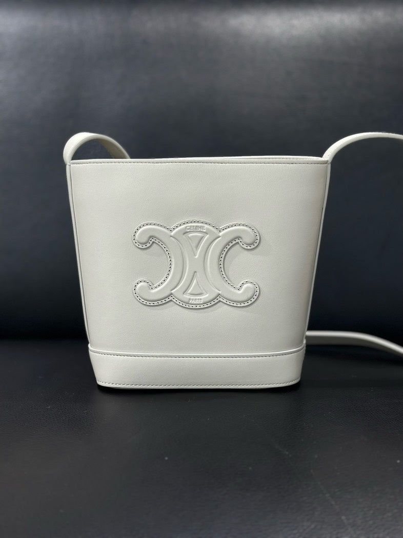 Celine Triomphe Bucket Bag White Leather Medium