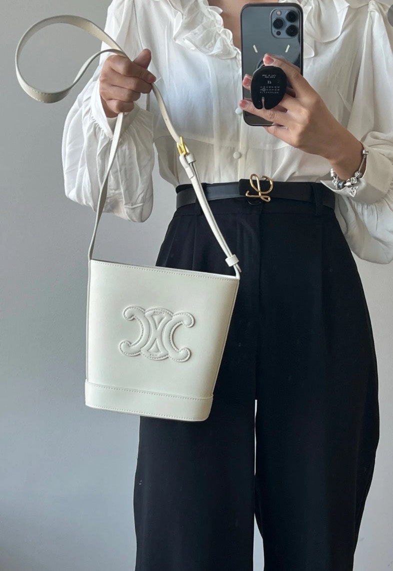 Celine Triomphe Bucket Bag White Leather Medium