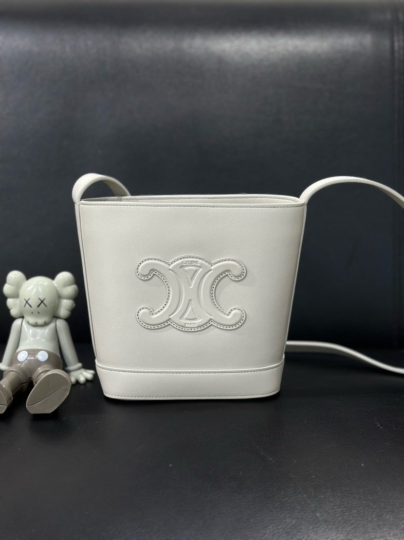 Celine Triomphe Bucket Bag White Leather Medium