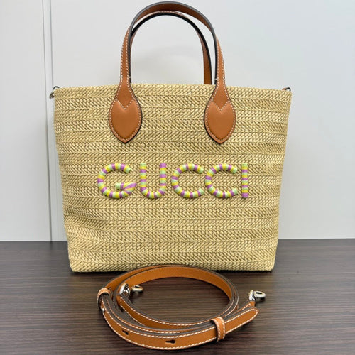 Gucci Straw Leather Beige 2-Way Tote Bag LB110057