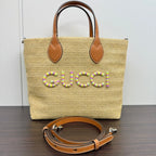 Gucci Straw Leather Beige 2-Way Tote Bag LB110057
