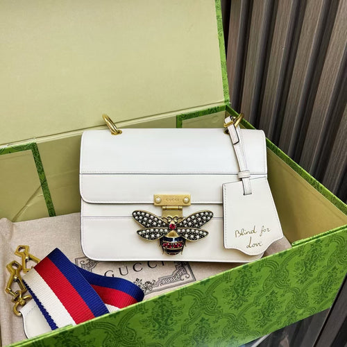 Gucci Sylvie White Leather Shoulder Bag with Bee Accent