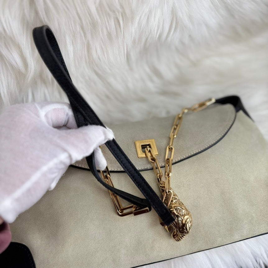 Gucci Suede Beige Black Tiger Head Shoulder Bag