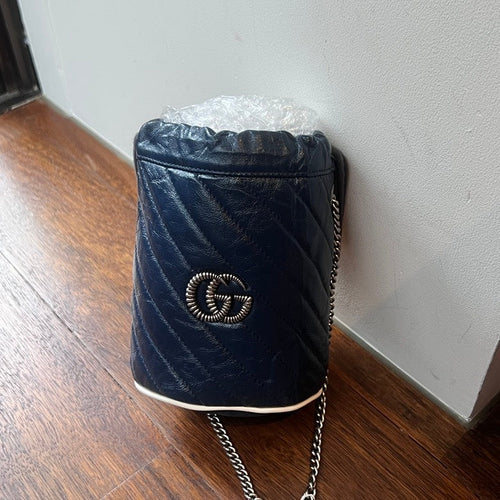 Gucci GG Marmont Drawstring Chain Shoulder Bag AG191, Navy Leather