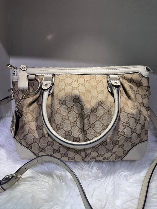 GUCCI GG Canvas Beige Shoulder Bag with Leather Trim