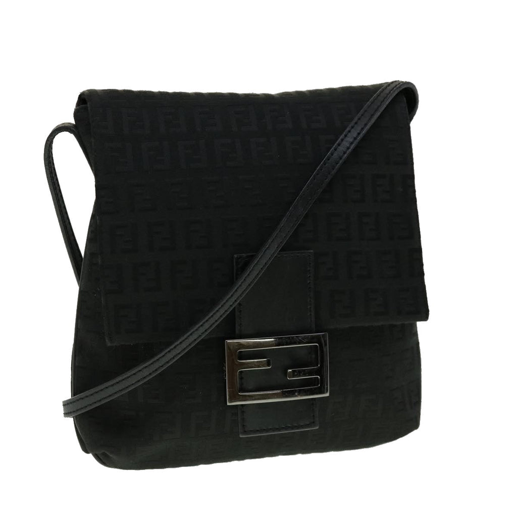 FENDI Zucchino Canvas Mamma Baguette Shoulder Bag Black Auth rd2219