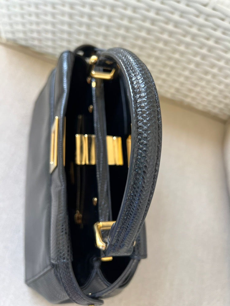 Fendi Black Lizard Leather Small Peekaboo Bag With Gold Hardware