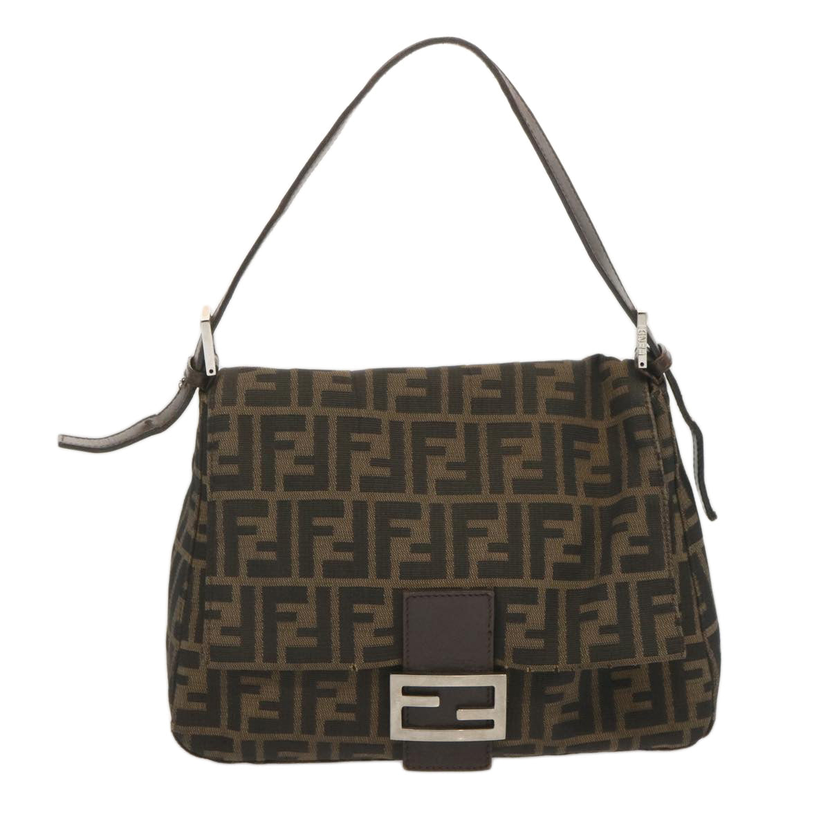 FENDI Zucca Canvas Mamma Baguette Shoulder Bag Black Browntb1055
