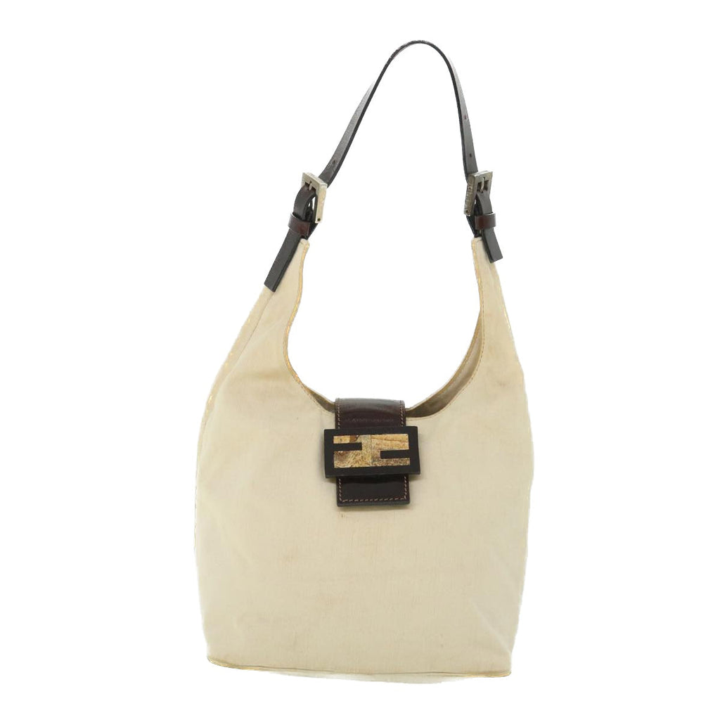 FENDI Mamma Baguette Shoulder Bag Canvas Leather Beige Brownti1234