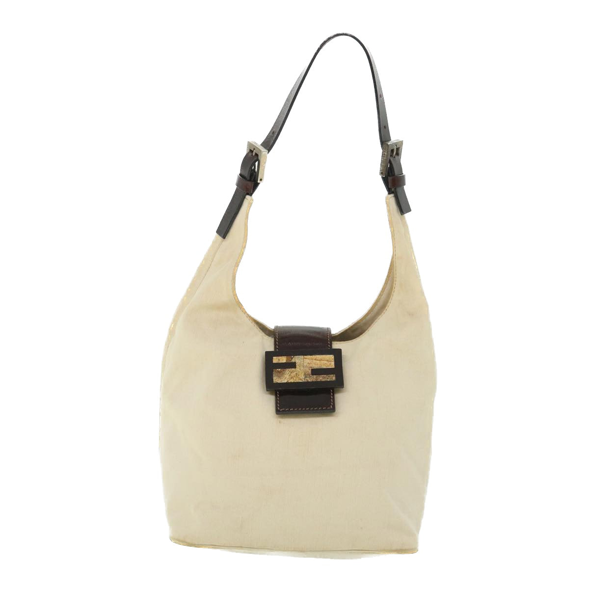 FENDI Mamma Baguette Shoulder Bag Canvas Leather Beige Brownti1234