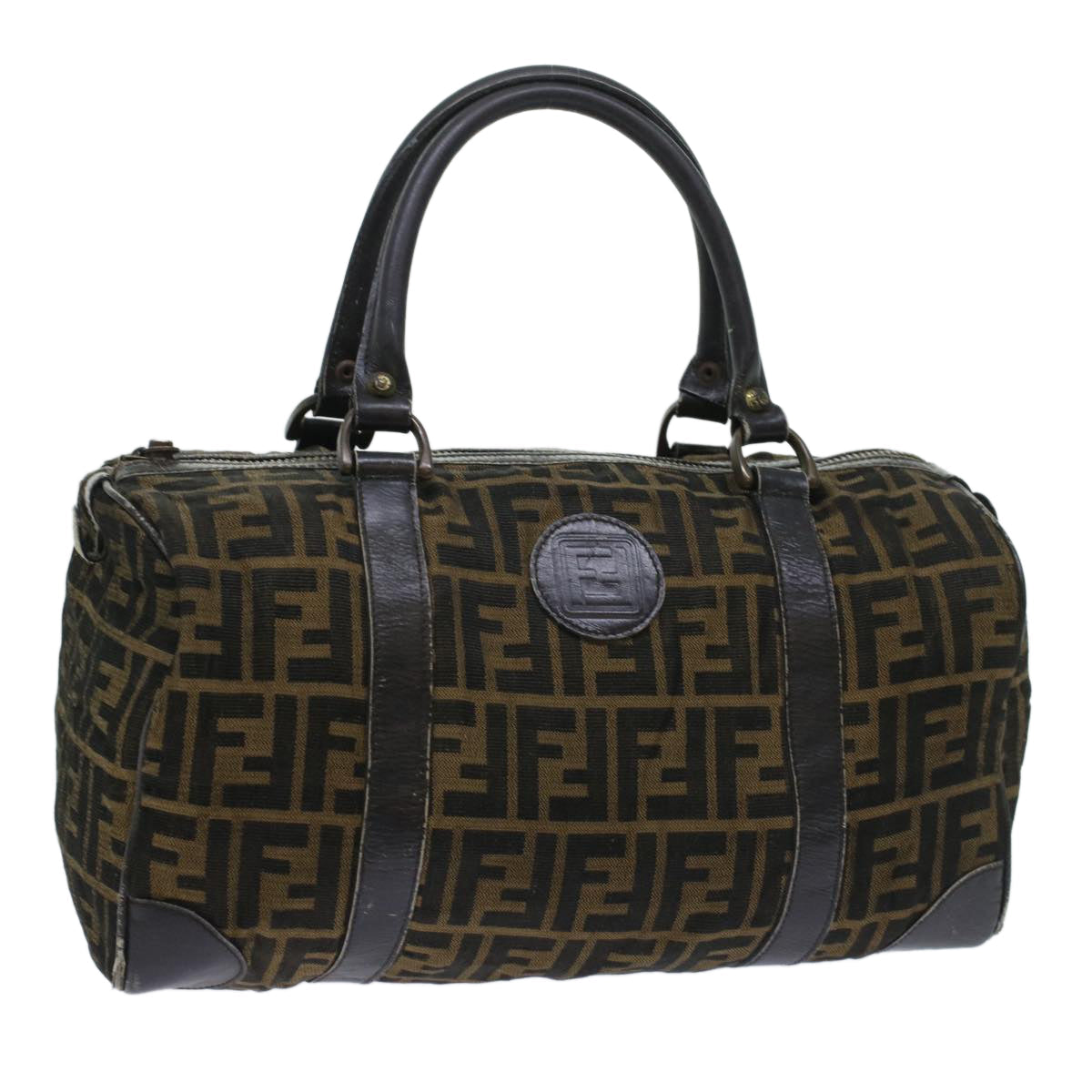 FENDI Zucca Canvas Boston Bag Leather Black Brownti1235