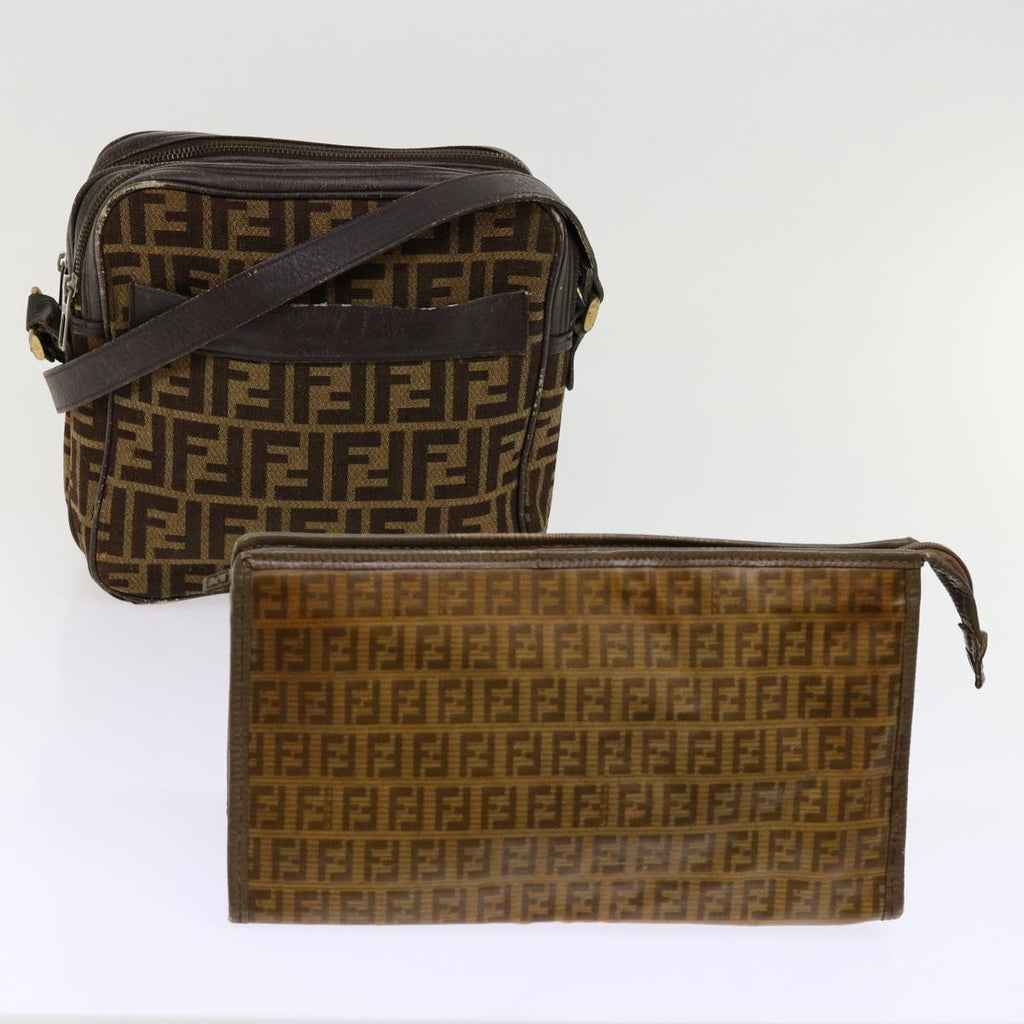 FENDI Zucca Canvas Shoulder Bag 2Set Brown Blackti1420
