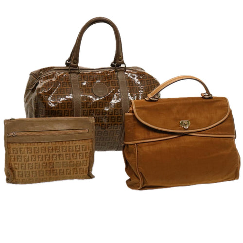 FENDI Zucchino Canvas Hand Bag 3Set Beige Brownti1666