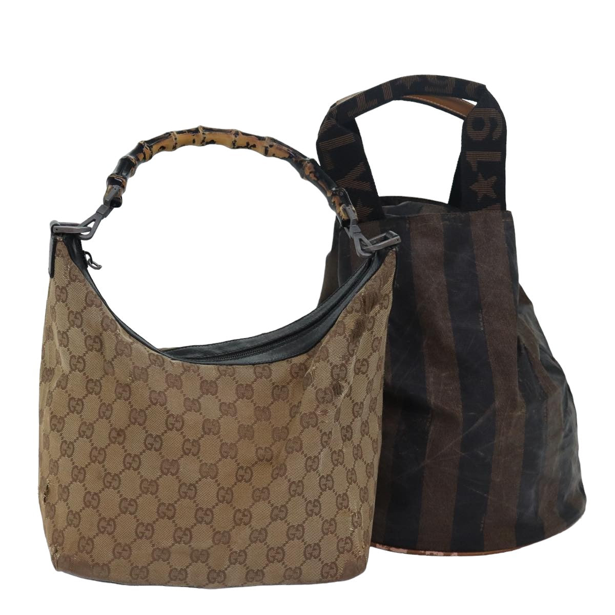 FENDI Gucci Bamboo GG Canvas Pecan Canvas Hand Bag 2Set Beige Blackti1766