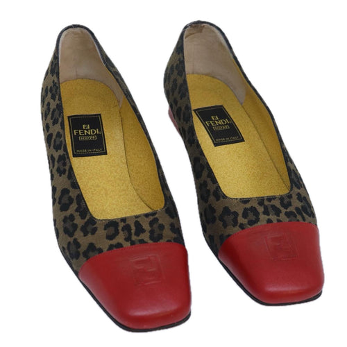 FENDI Leopard pumps shoes Canvas Leather 37.5 Brown Redti1874