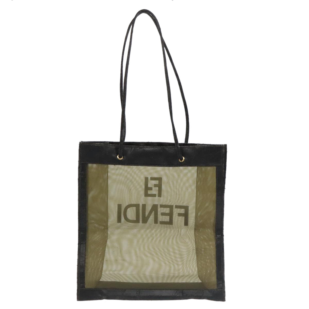 FENDI Tote Bag Nylon Leather Khaki Black Goldti2229