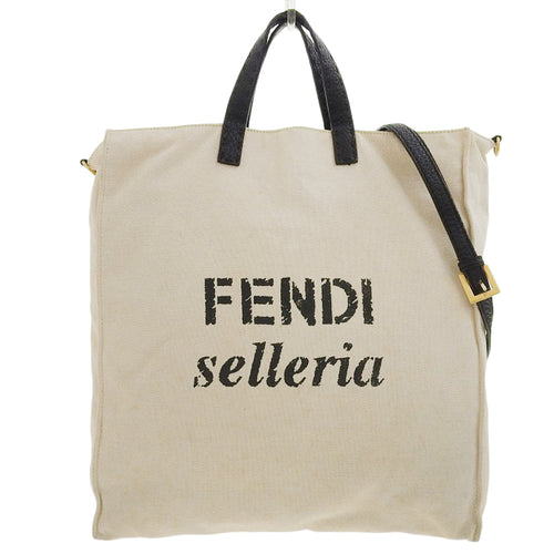 Fendi Canvas 2-Way Tote Shoulder Bag Beige